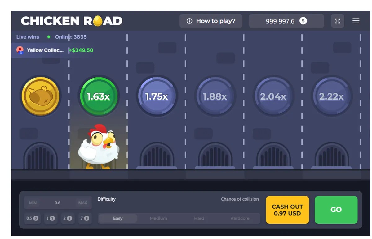 Screenshot of the Chicken Road game showing a cartoon chicken standing on the second lane under a 1.63x multiplier coin, with upcoming multipliers (1.75x, 1.88x, 2.04x, 2.22x) across the road, live wins/online counters at the top, and bottom controls including difficulty settings, a yellow “Cash Out 0.97 USD” button, and a green “GO” button.