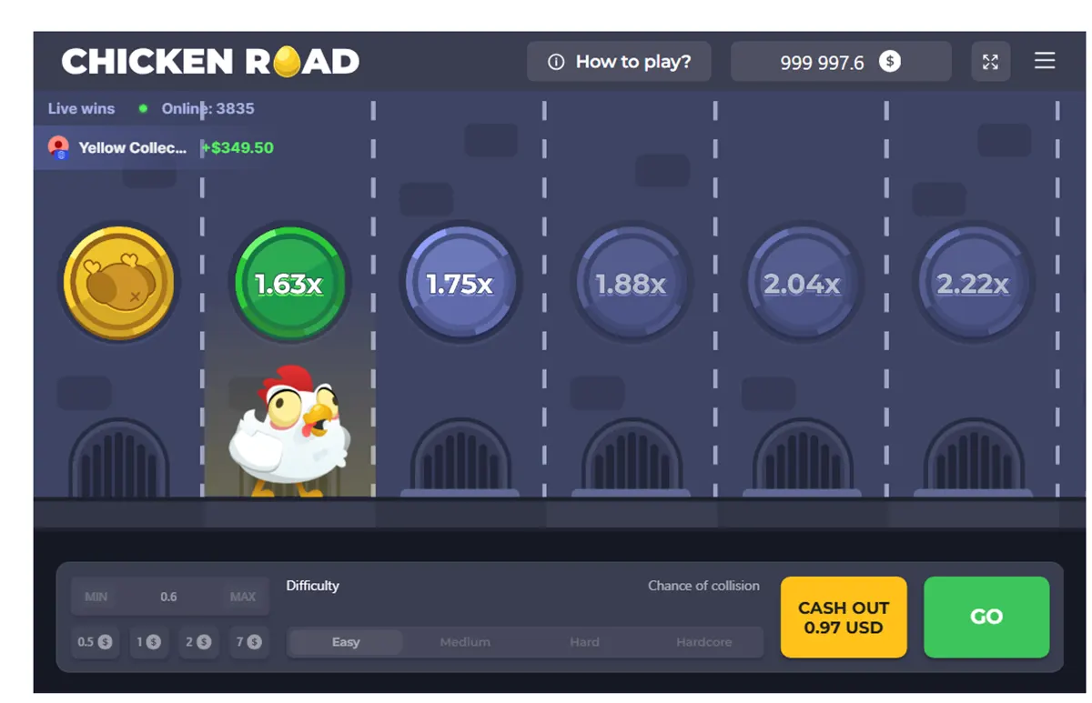 Screenshot of the Chicken Road game showing a cartoon chicken standing on the second lane under a 1.63x multiplier coin, with upcoming multipliers (1.75x, 1.88x, 2.04x, 2.22x) across the road, live wins/online counters at the top, and bottom controls including difficulty settings, a yellow “Cash Out 0.97 USD” button, and a green “GO” button.