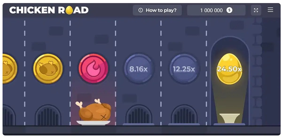 Screenshot of Chicken Road gameplay showing late-stage lanes with high multipliers (8.16x and 12.25x) and a glowing golden egg worth 24.50x on the far right, alongside a red fire hazard icon above a cooked chicken, with the “How to play?” button and balance display at the top.